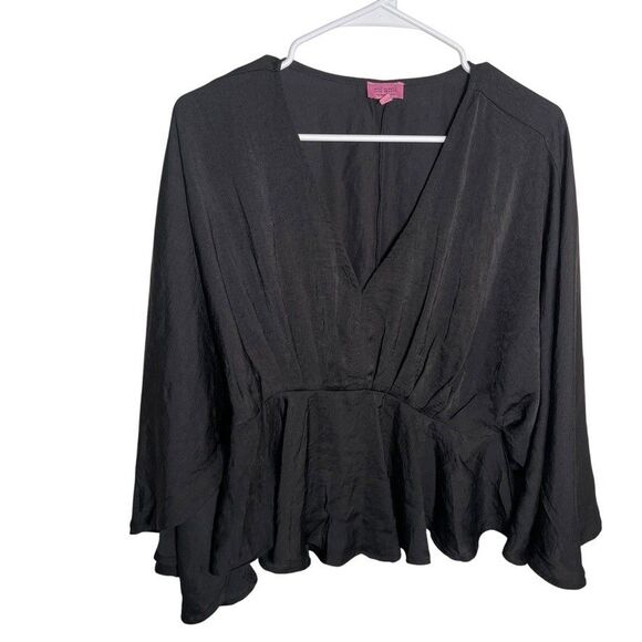 Mi Ami Blouse Women's Medium Black V-Neck 3/4 Sleeve Flare Casual Ruffle Top - Picture 1 of 9